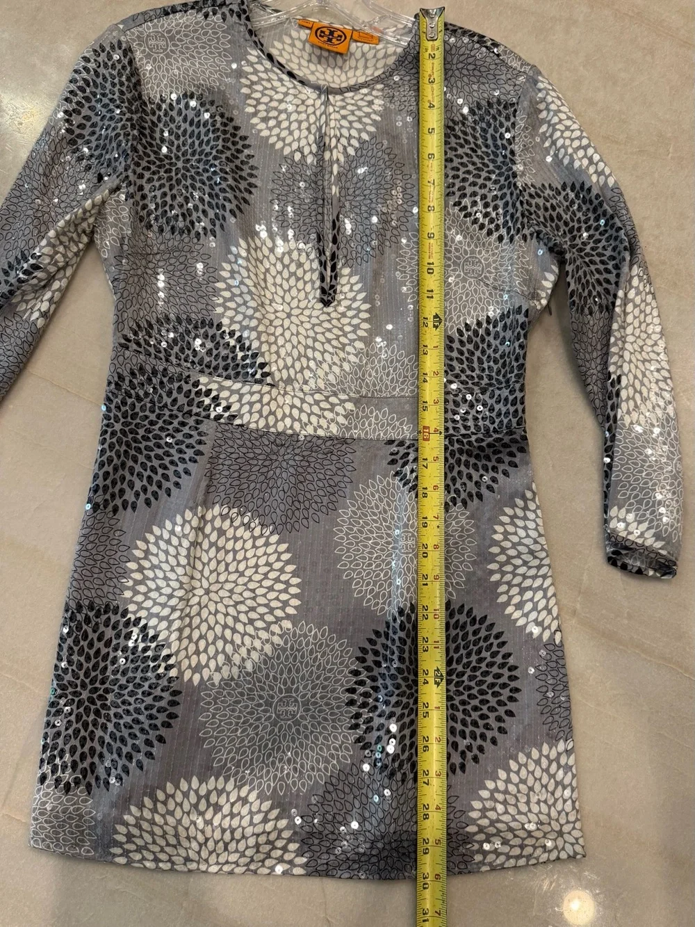 Tory Burch Silver and Gray Sequin Floral Tunic